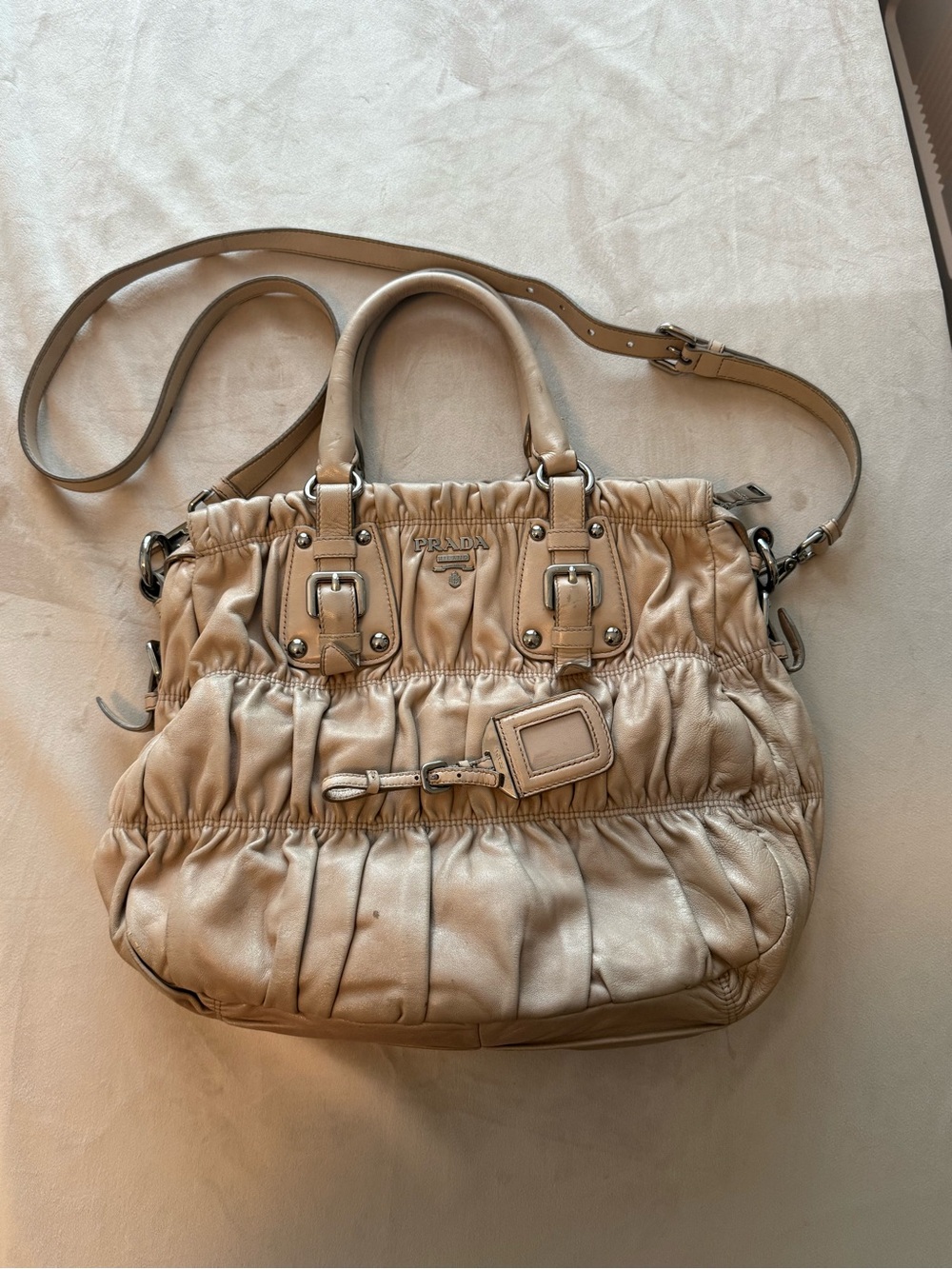 Prada Nappa Gaufré Convertible Satchel Bag in Cameo Beige with Crossbody Strap